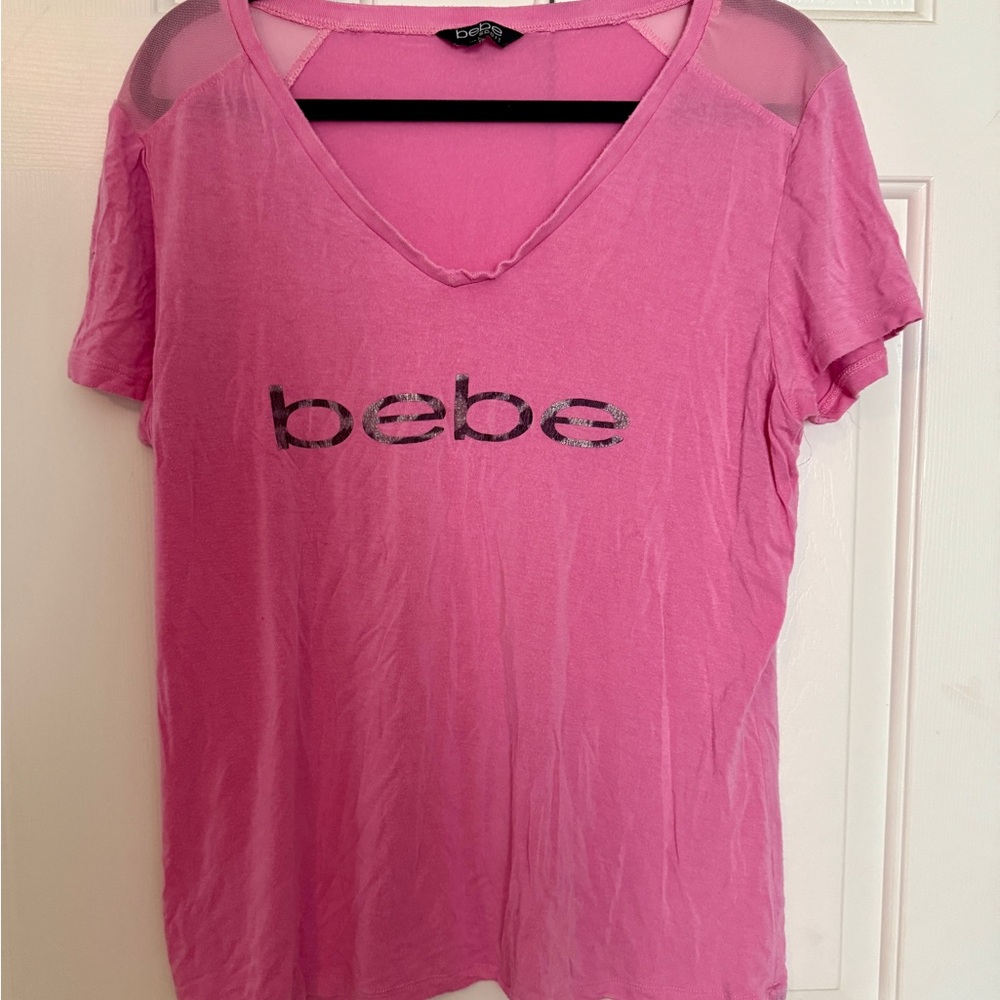 Bebe Pink Sheer Logo Tee Women’s XL Short Sleeve Mesh Shoulder Detail